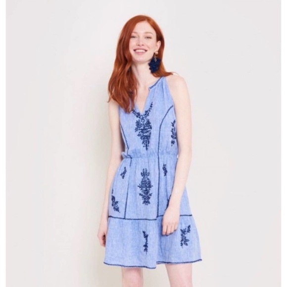 Anthropologie Roller Rabbit Mini Dress Embroidered Linen Blue Sleeveless Size XS - Picture 1 of 16